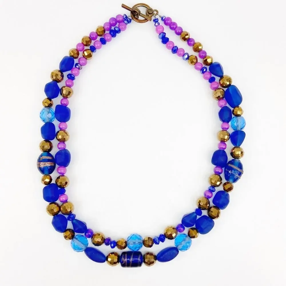 19” Double Strand Blue Art Glass Necklace